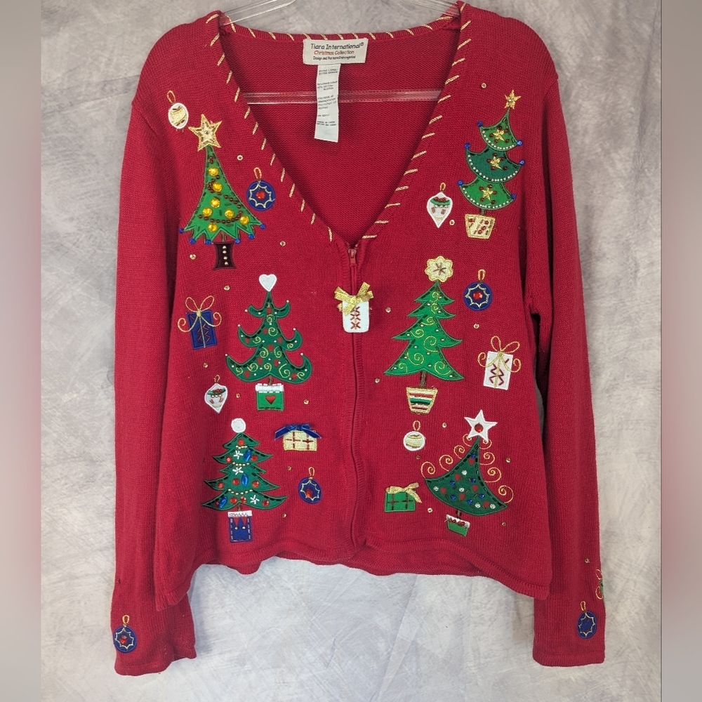 Tiara International Christmas Collection Size XL Beaded/Sequin Cardigan Sweater - Picture 2 of 16